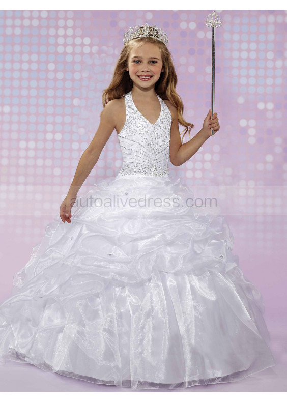 Luxury Beaded Organza Halter Neck Long Flower Girl Dress With Train